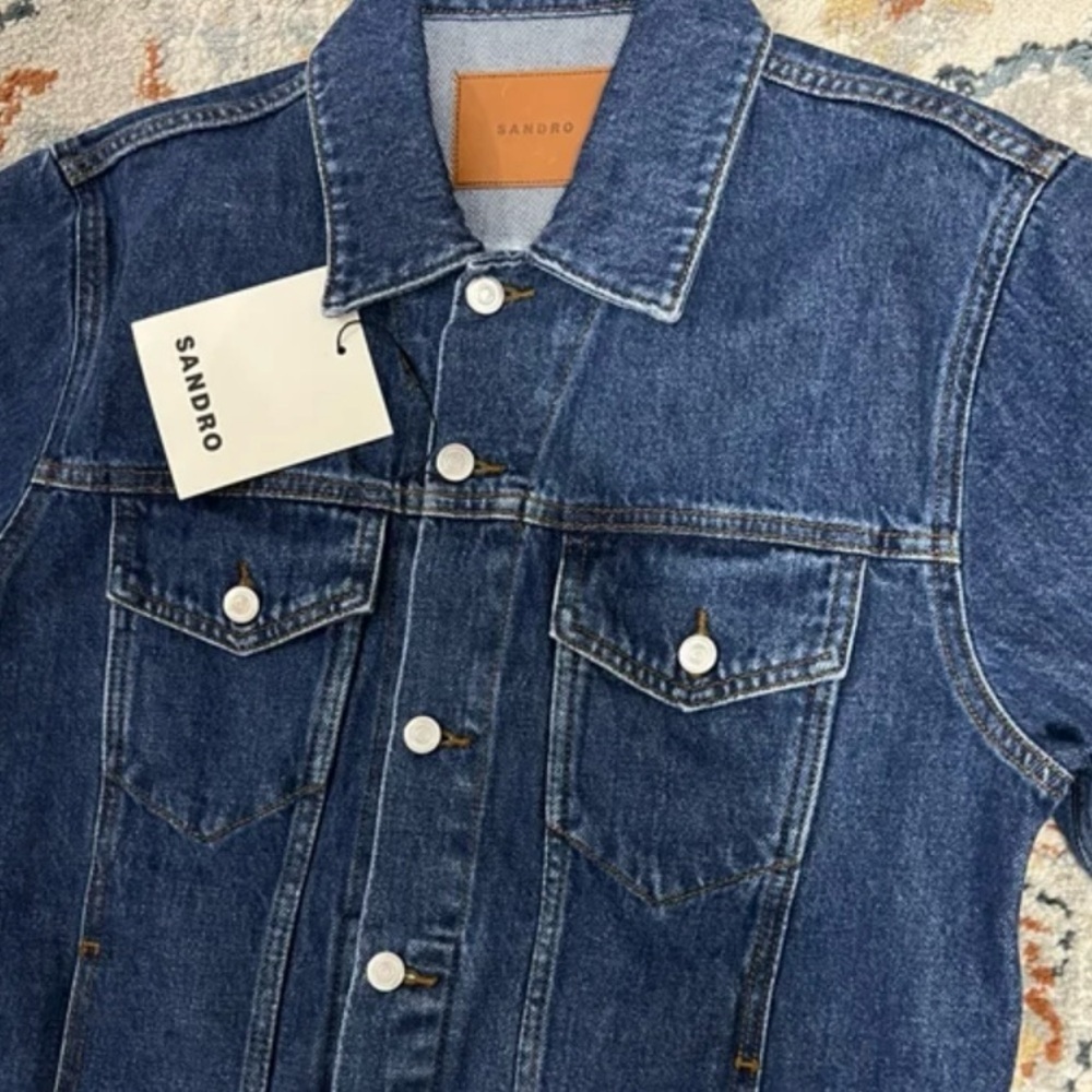 SANDRO French Luxury Brand from Paris Blue Denim Jacket with Tie Die Back. - Picture 4 of 13